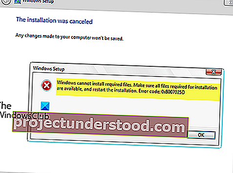 لا يمكن لـ Windows تثبيت الملفات المطلوبة ، رمز الخطأ 0x8007025D
