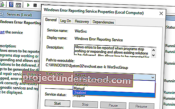 Nonaktifkan Layanan Pelaporan Kesalahan Windows