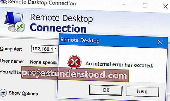 Kesalahan 'Ralat dalaman telah berlaku' untuk Sambungan Desktop Jauh